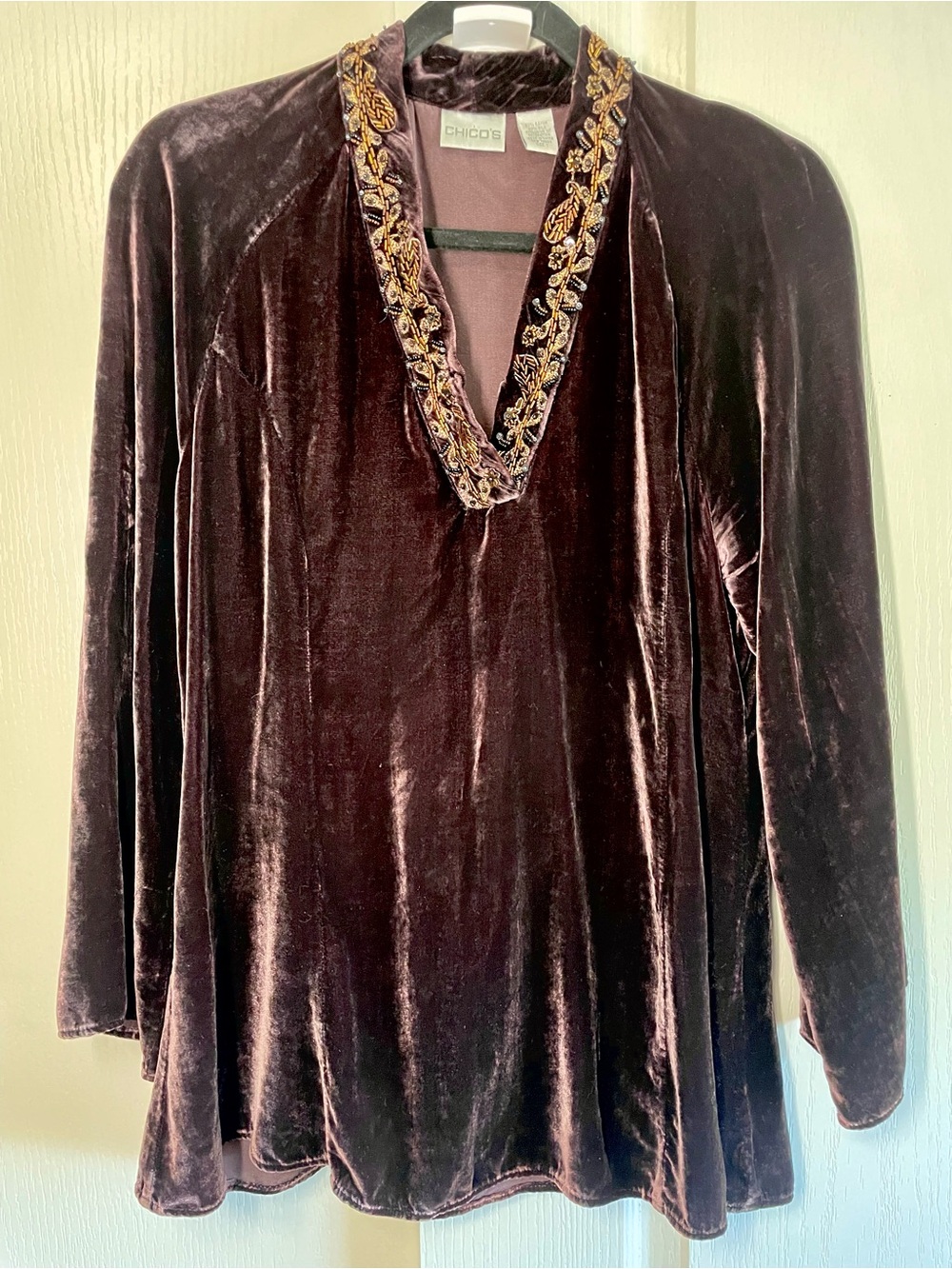 Chico's Velvet Long-Sleeve V-Neck Tunic in Dark Brown with Gold Embroidered Trim